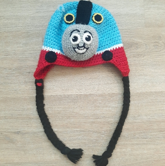 Handmade Thomas the Tank Engine Crochet Knit Ear Flap Hat - 20" Circumference - Picture 1 of 10